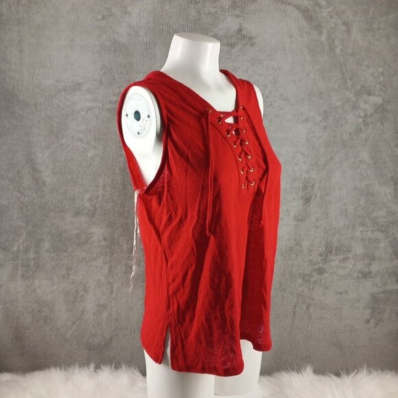 NWT INC Linen Blend Sleeveless Petite LARGE Top Henley lace Up Red Knit - Picture 4 of 11